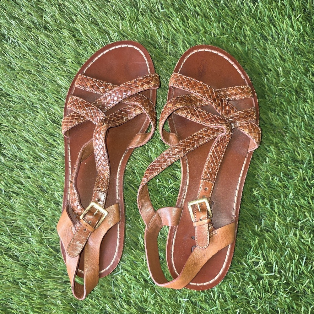 Cole Haan Sandals Women 6 Brown Leather Woven Strappy Slingback Buckle Flat - Picture 5 of 10